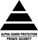 A triangle with the words alpha guard protection private security written underneath it.